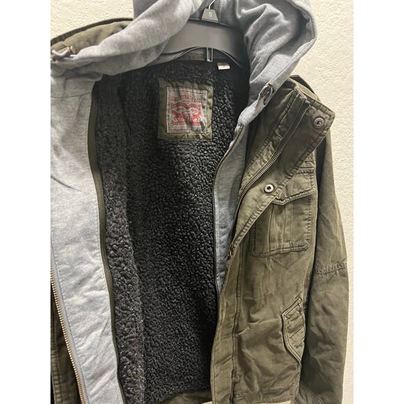 LEVI’S Sherpa MEDIUM Trucker Brown Military Jacket Removable Hood - Picture 9 of 13